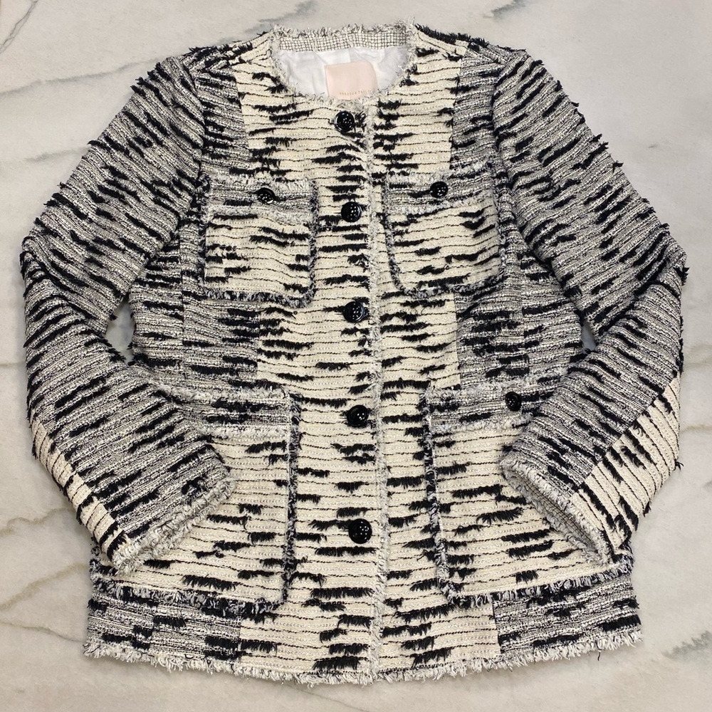 Rebecca Taylor Tweed Jacket Size 10‎ Black Cream Metallic